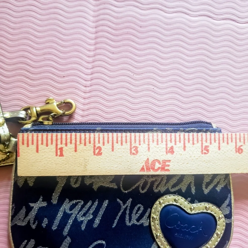 Coach Poppy New York Script Heart Lurex Small Wristlet Navy and Gold